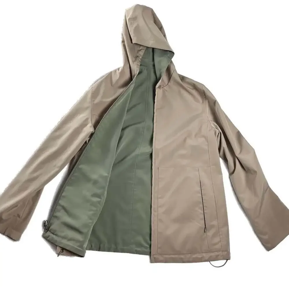 Reversible Hooded Rain Jacket Sage Green‎ Tan Minimalist Zip Windbreaker Women's